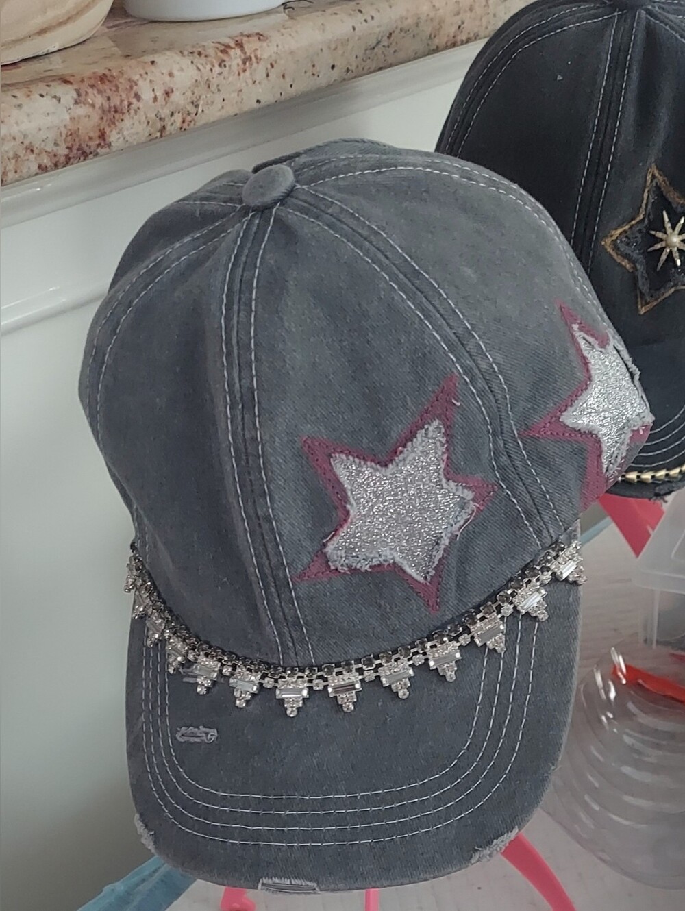 Handcrafted Gray Denim  Star Embellished Baseball Cap with Rhinestone Trim